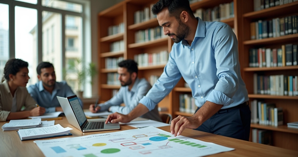 Professor de finanças destacando certificações ANBIMA em mesa com materiais de estudo 