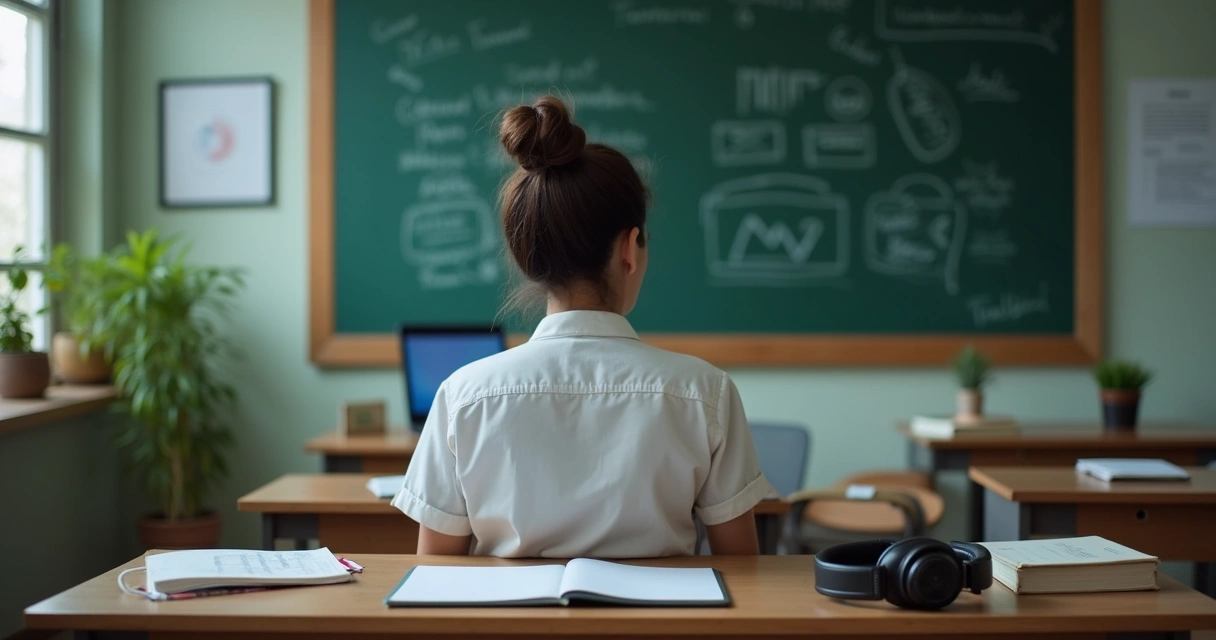 Professor assistindo a aula online sobre tecnologia educacional em notebook na sala de aula 
