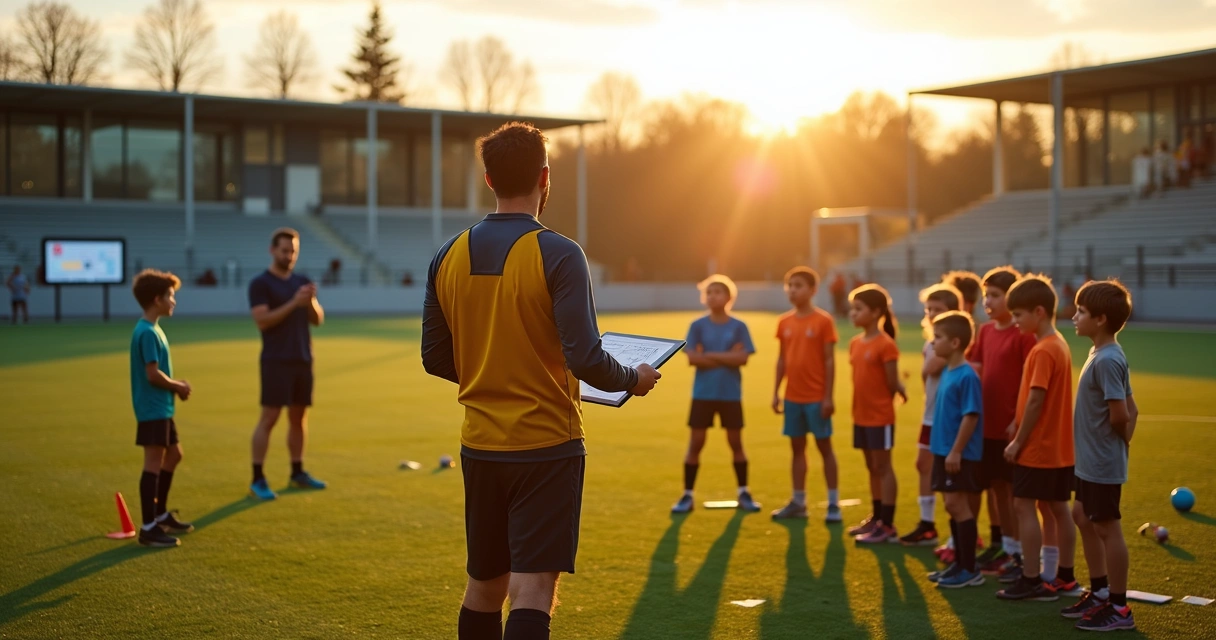 Professor de futebol orientando alunos em treino com tablet ao lado do campo 