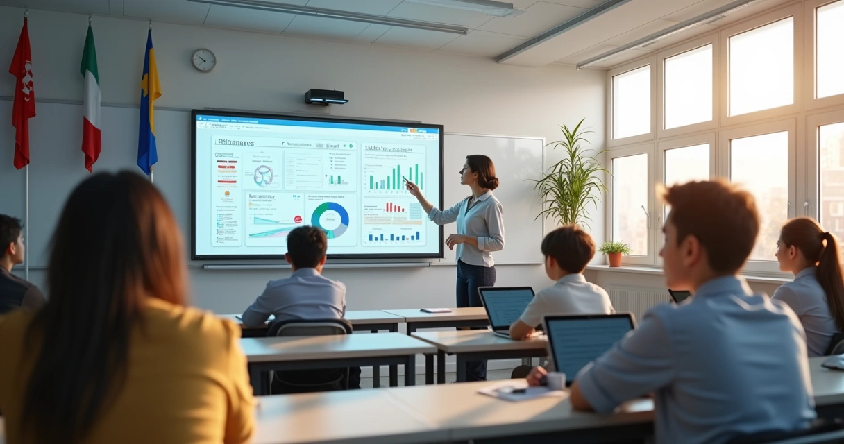 Professor de idiomas usando inteligência artificial em sala de aula, com alunos atentos em computadores 