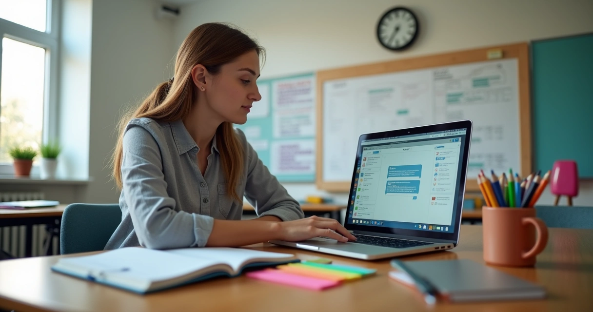 Professor usando notebook com interface de IA para planejar aulas 