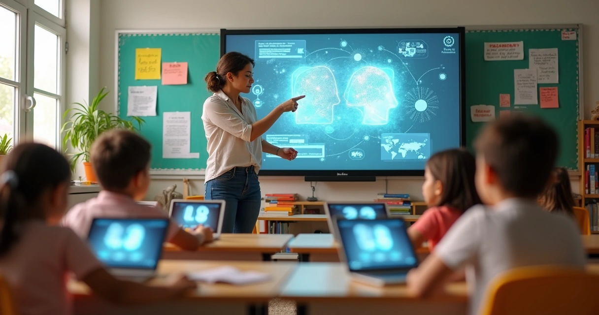 Professor mediando aula com estudantes e projeções de inteligência artificial 