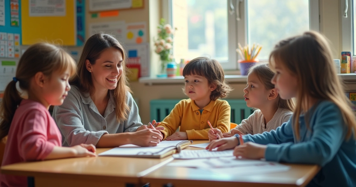 Professor interagindo em grupo pequeno com alunos do 1º ano 