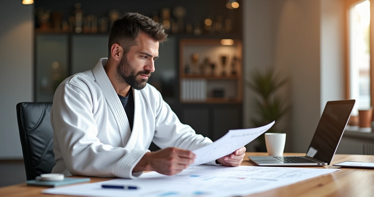 Professor de Jiu-Jitsu de kimono olhando mapas e planilhas para planejar expansão da academia