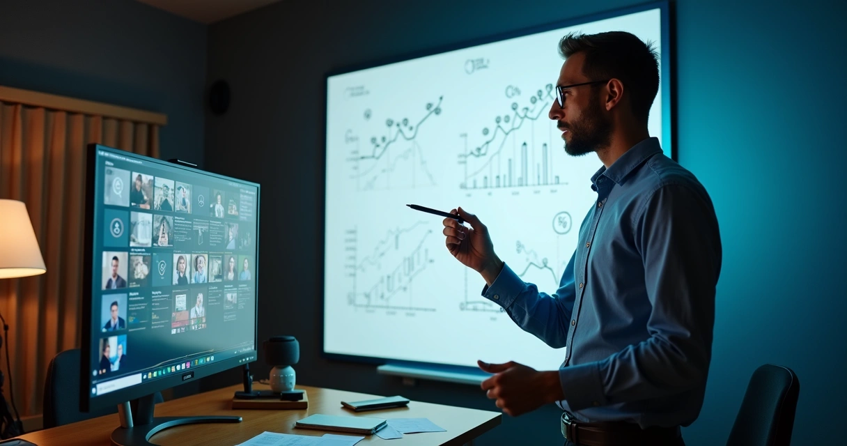 Professor explicando conteúdo financeiro em estúdio com lousa digital 