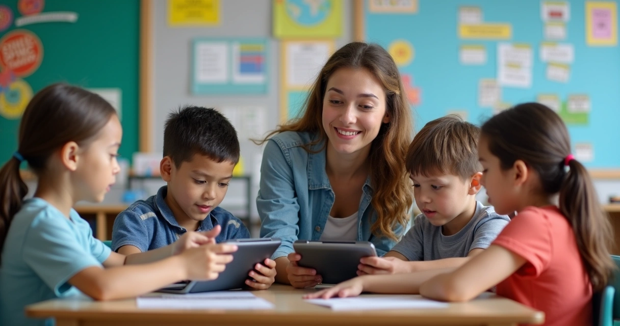 Professor orienta crianças no uso de tecnologia 