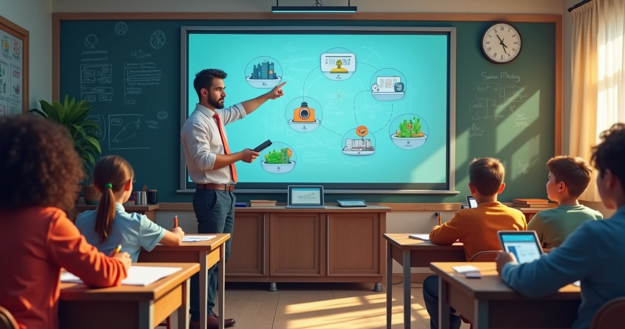 Professor mediando tecnologia em sala de aula 