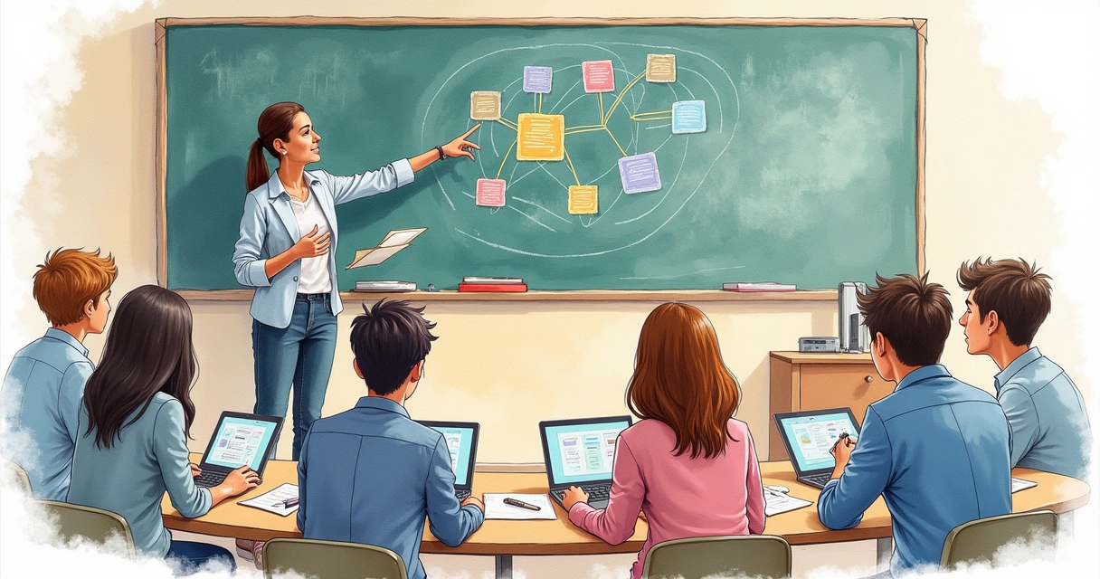 Professor dialogando com turma enquanto usa tecnologia em aula 