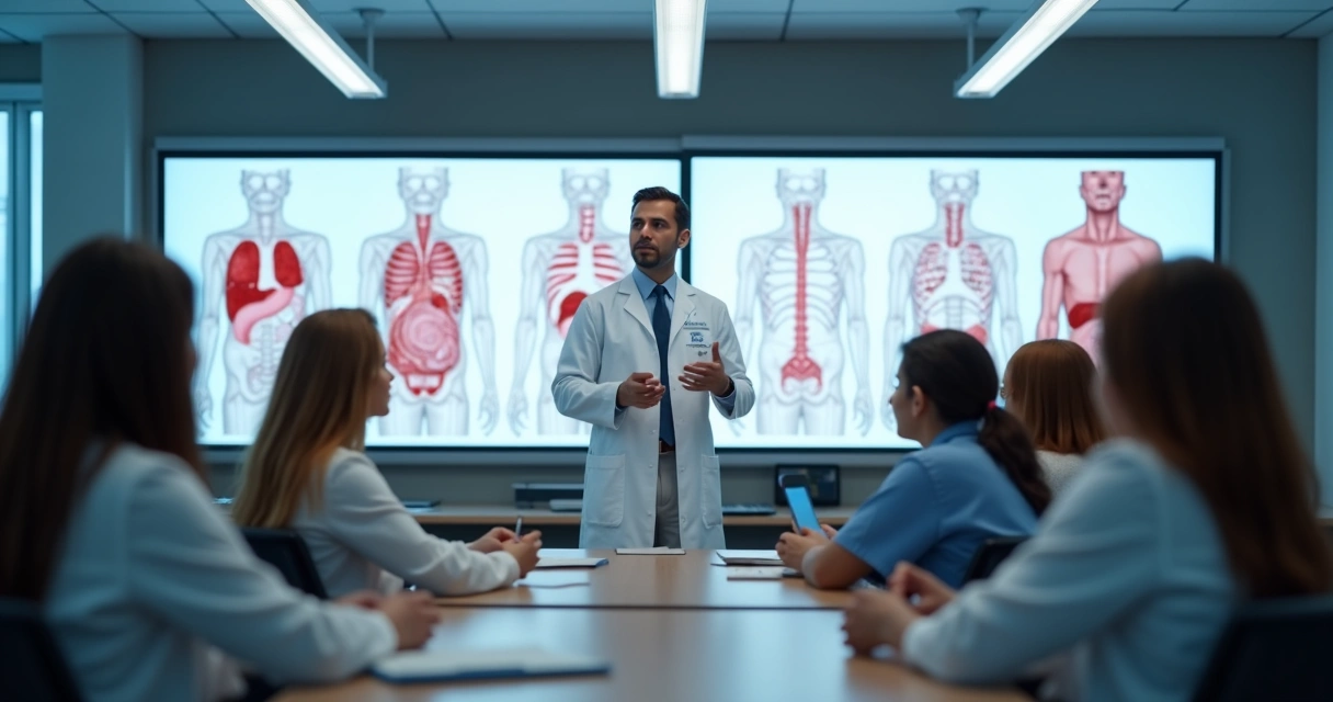 Professor de medicina dando aula em sala com alunos atentos