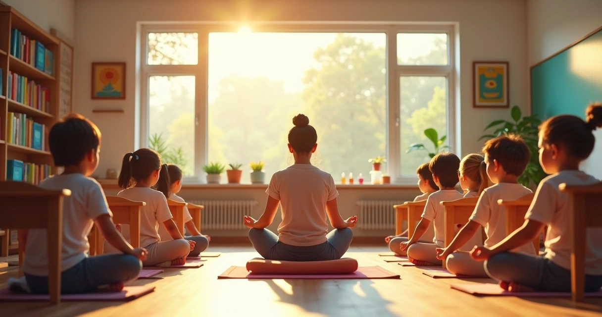Professor sentado enquanto alunos realizam breve meditação em sala de aula. 
