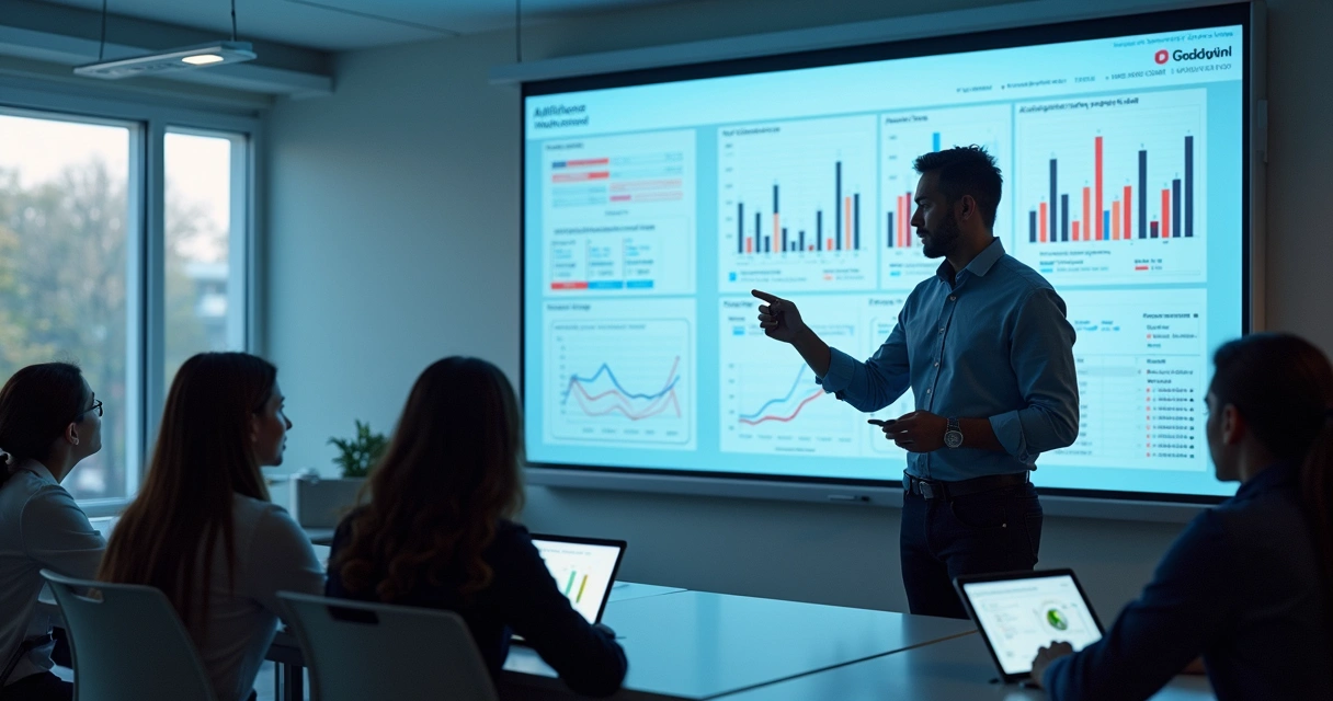 Professor monitorando IA em sala de aula futurista 