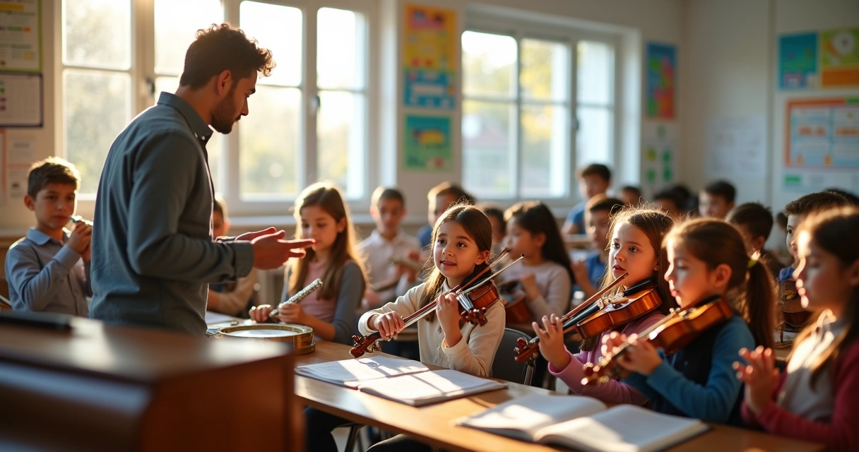 Professor em aula de música com alunos tocando instrumentos em sala iluminada e alegre 