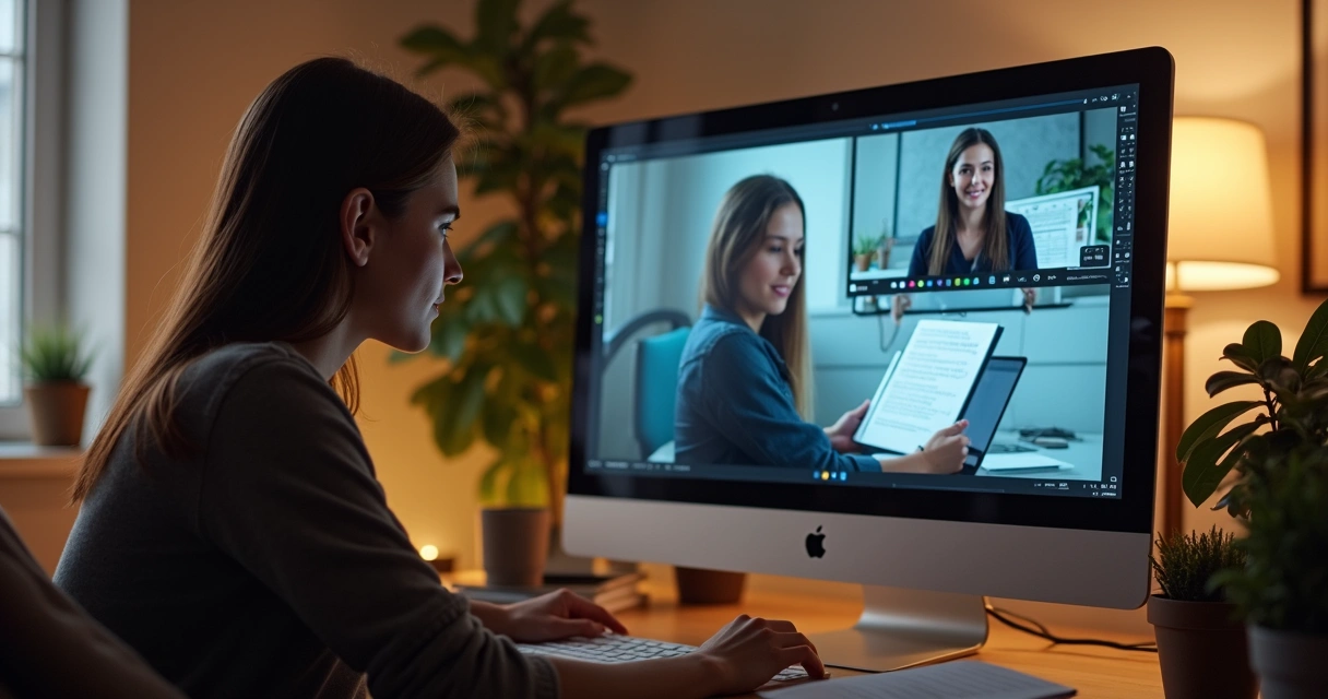 Tutor online ajudando aluno via chamada de vídeo em ambiente de estudo