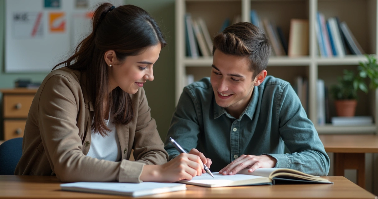 Professor sentado ao lado de estudante apontando para um caderno
