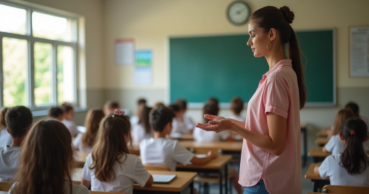 Professor conduzindo pausa de respiração com alunos