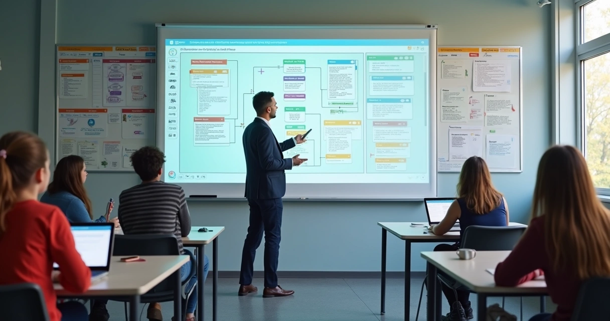 Professor planejando aulas com IA diante de lousa digital 