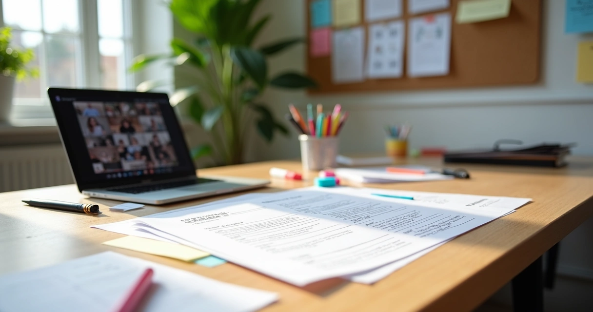 Professor planejando aula de inglês com materiais do curso Celta sobre a mesa 