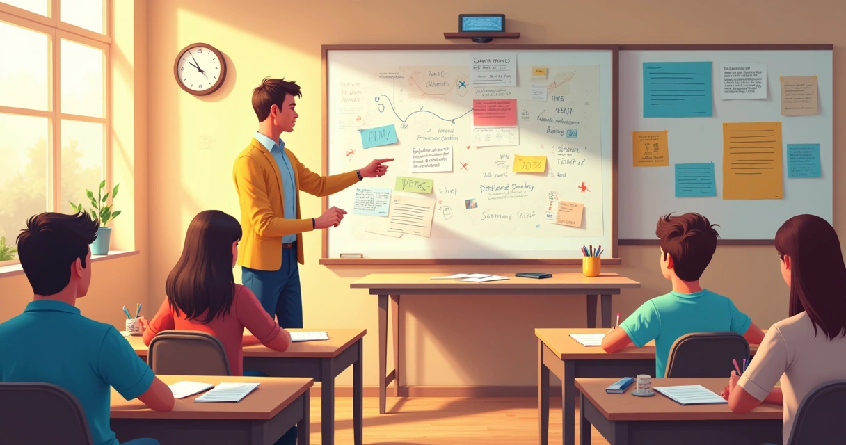 Professor explicando questões de provas anteriores em um quadro branco