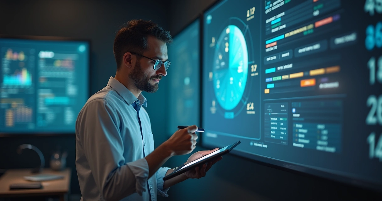 Professor utilizando tablet interativo com robôs pedagógicos digitais exibidos na tela em sala de aula moderna 