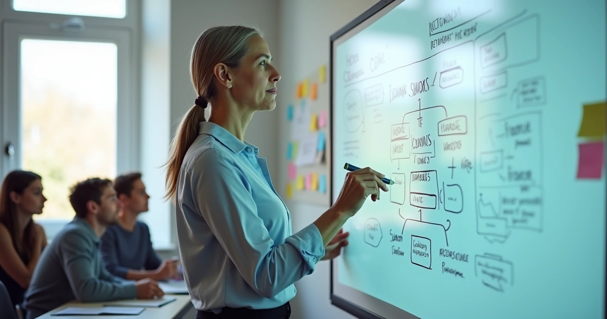 Professor anotando ideias em quadro branco digital