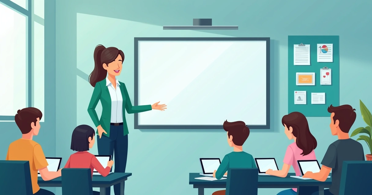 Professor interagindo com painel digital em sala de aula moderna 