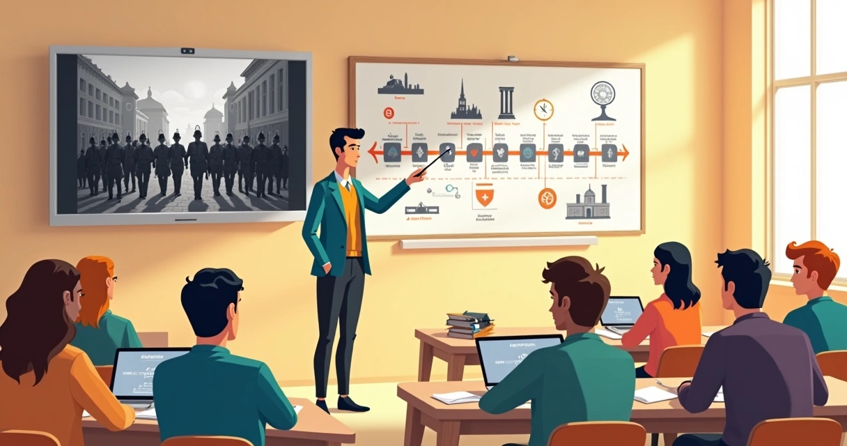 Professor de história usando projeção de filme clássico com alunos atentos em sala de aula 