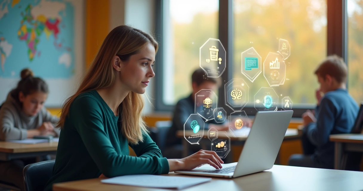 Professor usando inteligência artificial em aula online com laptop, gráficos e ícones digitais ao redor 