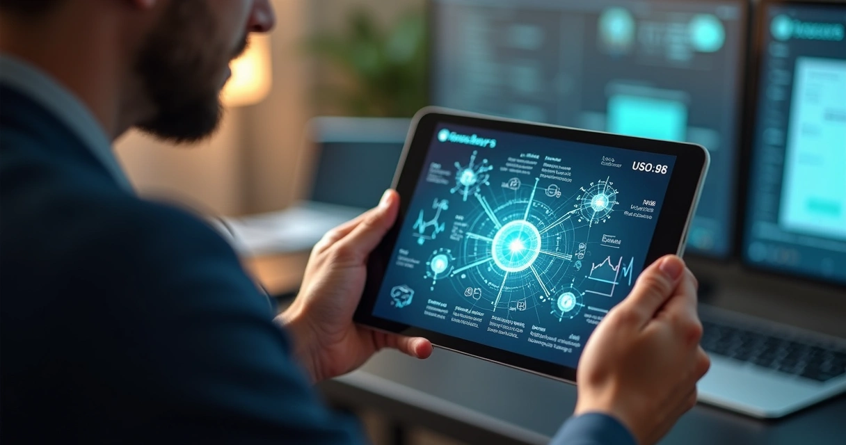 Professor usando tablet com interface digital de aprendizagem personalizada ao fundo 