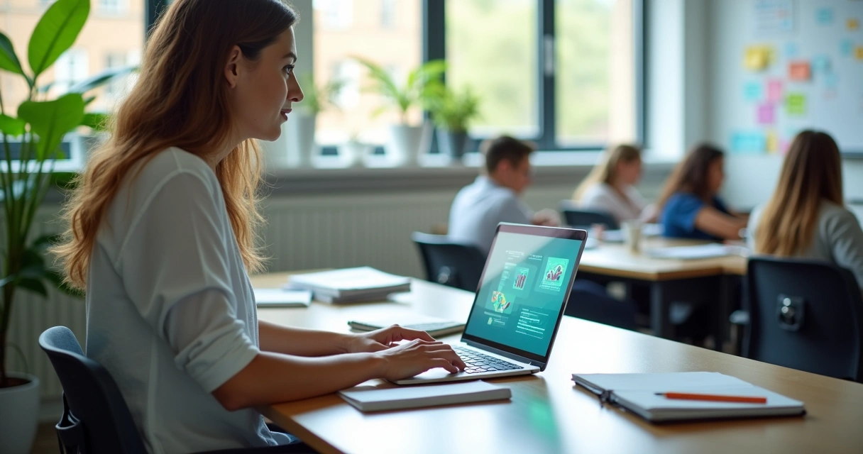Professor usando laptop para planejar aula com apoio de inteligência artificial em sala de aula moderna 