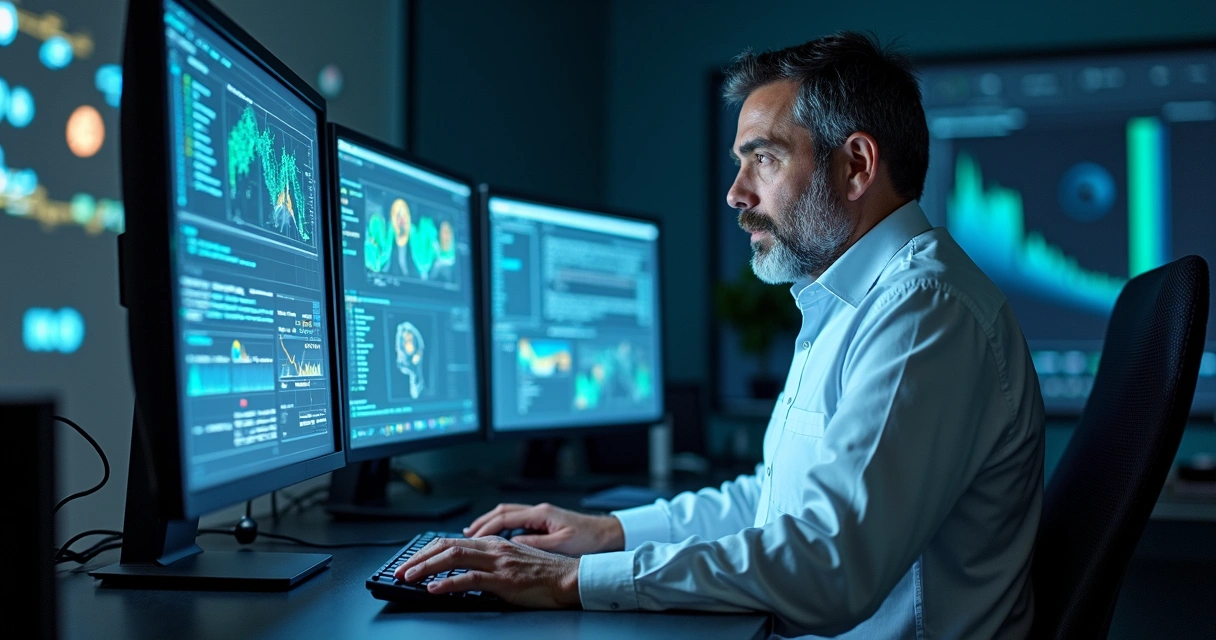 Professor usando computador com interface de inteligência artificial e gráficos digitais ao redor