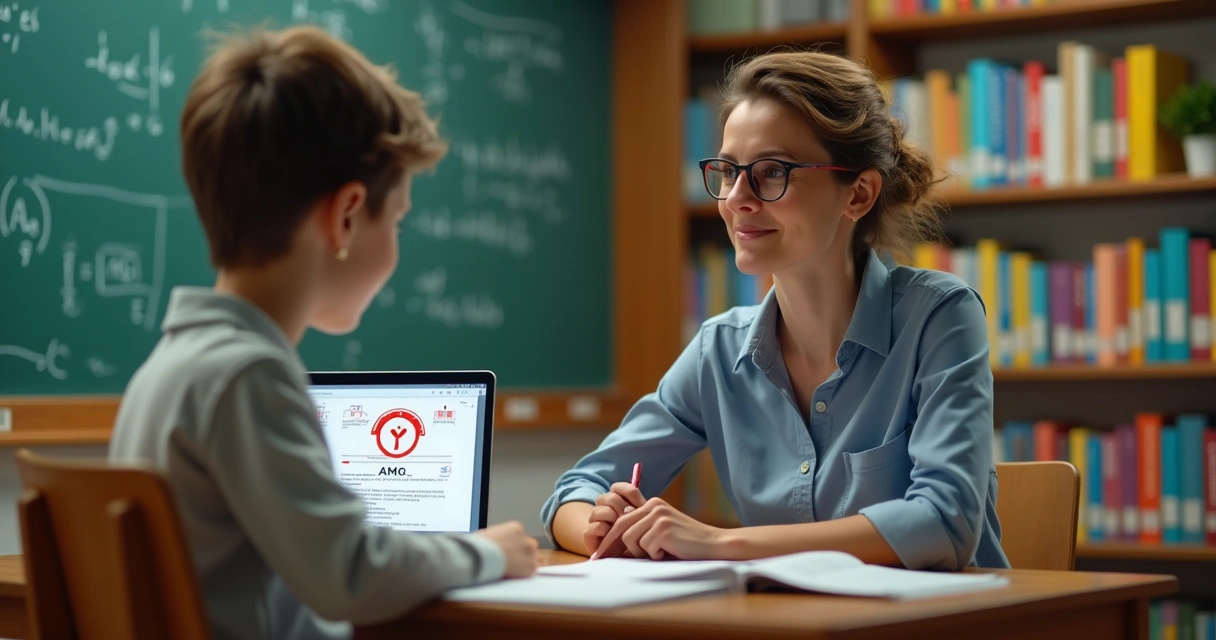Professor avaliando trabalho escolar em laptop 