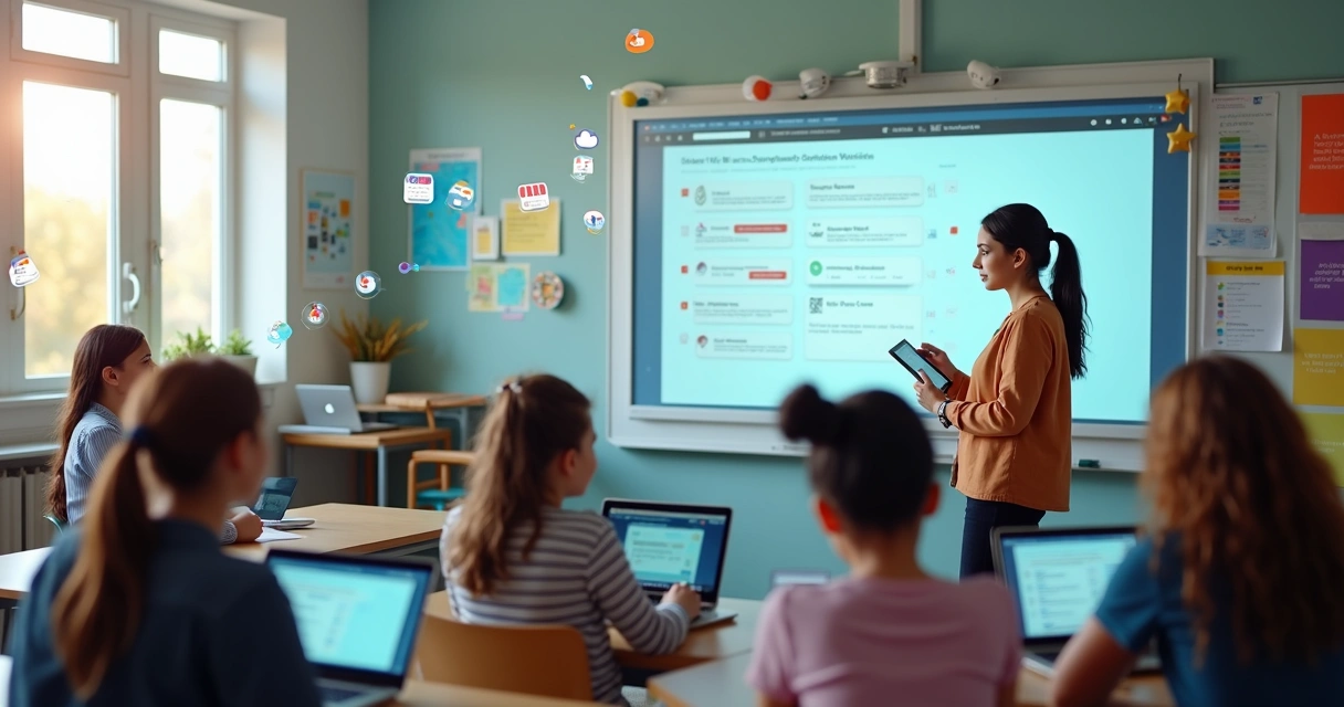Professor usando tablet em aula interativa com alunos atentos em sala moderna e iluminada 