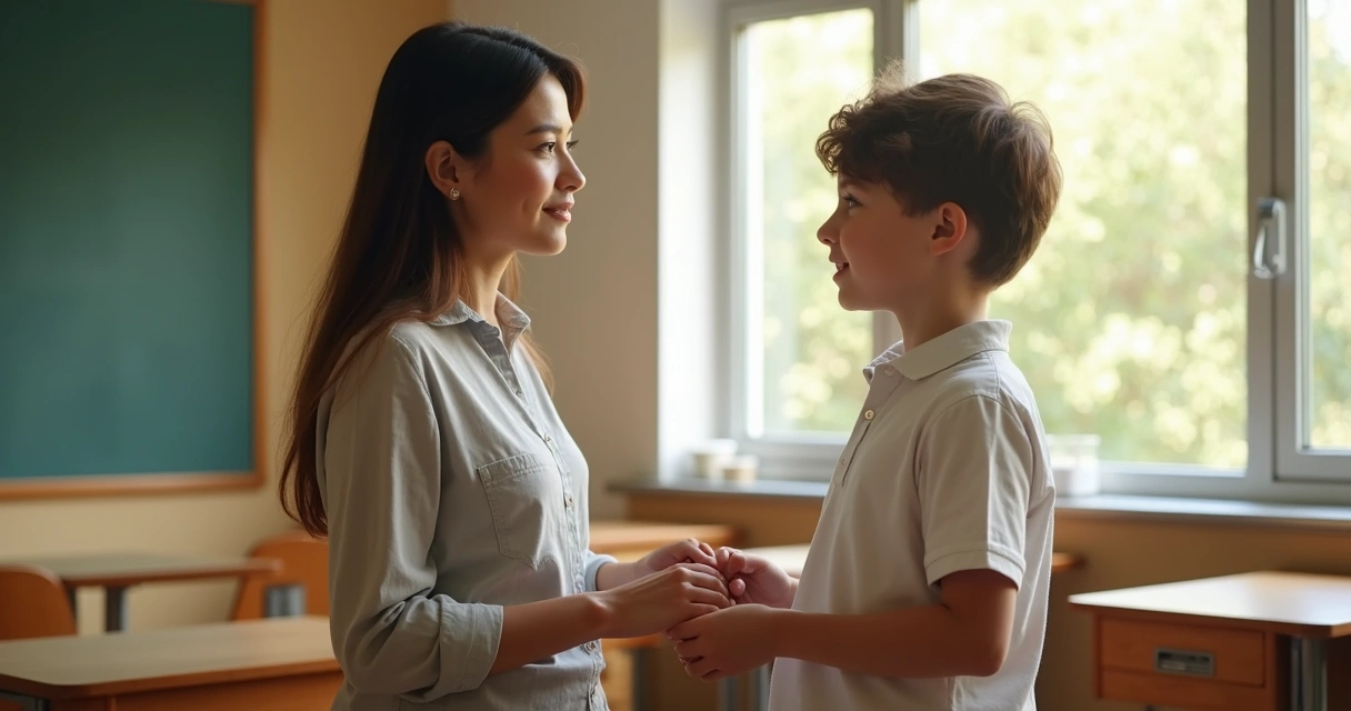 Professora de mãos dadas com aluno em sala, ambos em pé, perto da janela, conversando tranquilos 