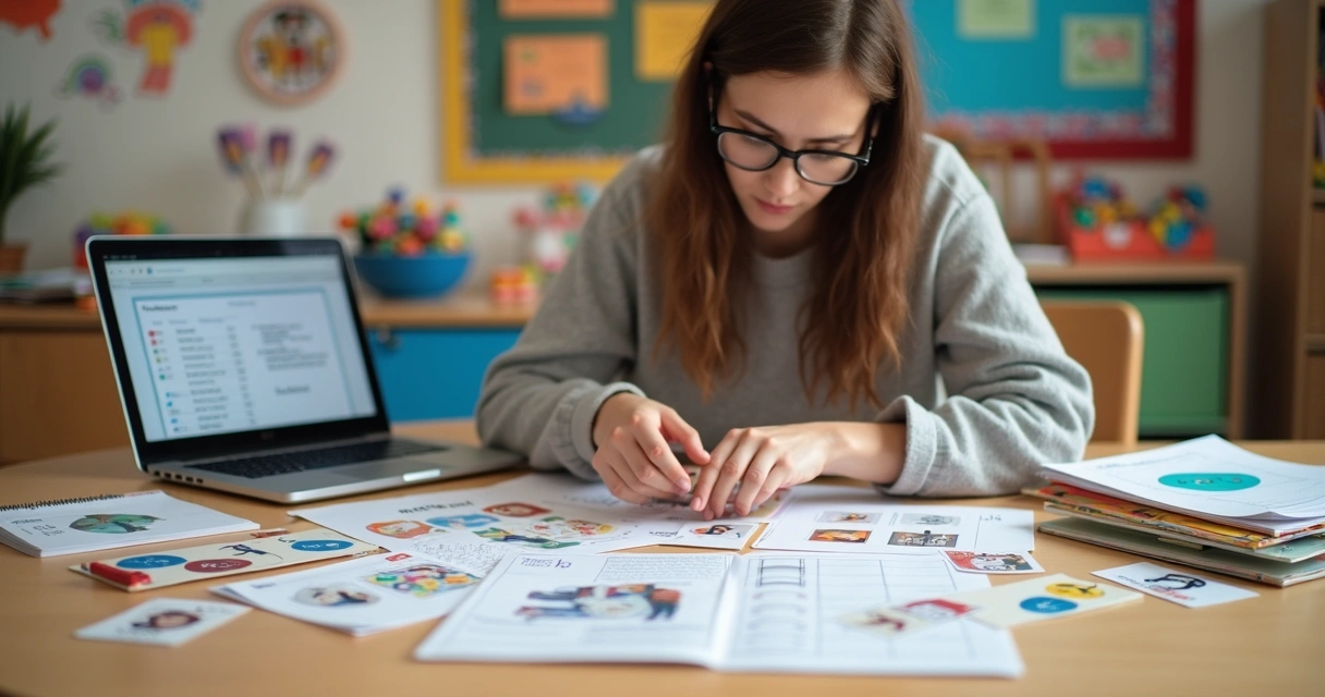 Professora preparando materiais adaptados de inglês em mesa com cadernos e jogos visuais 