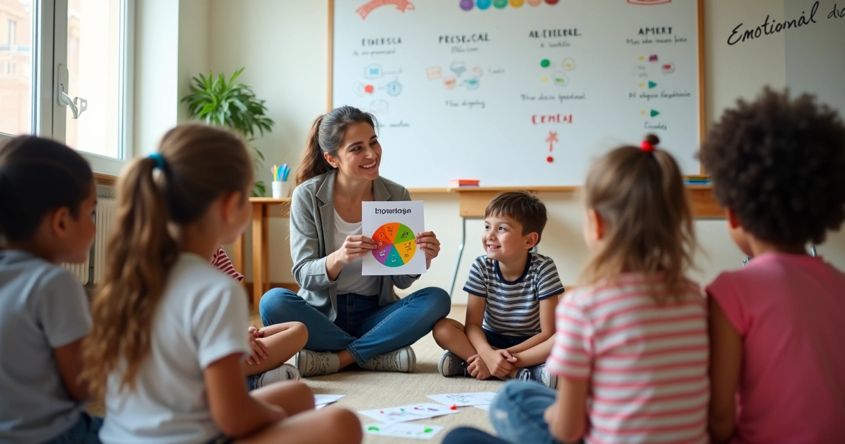 Professora conduz círculo de conversa sobre emoções com alunos em sala de aula 