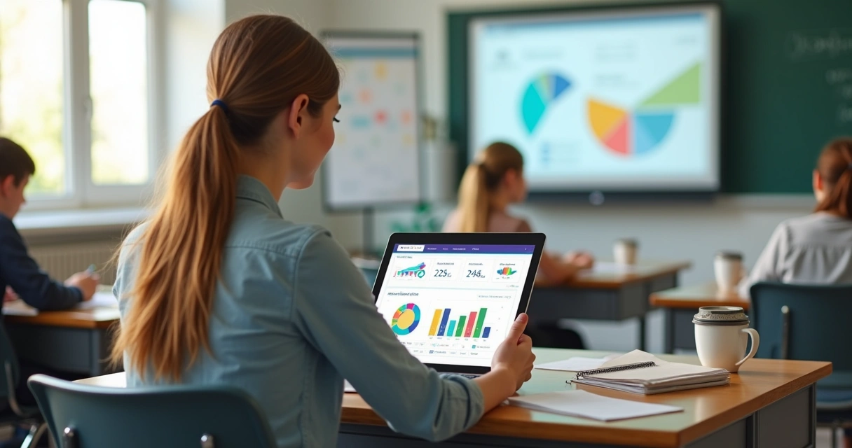 Professora analisando resultados em tablet 