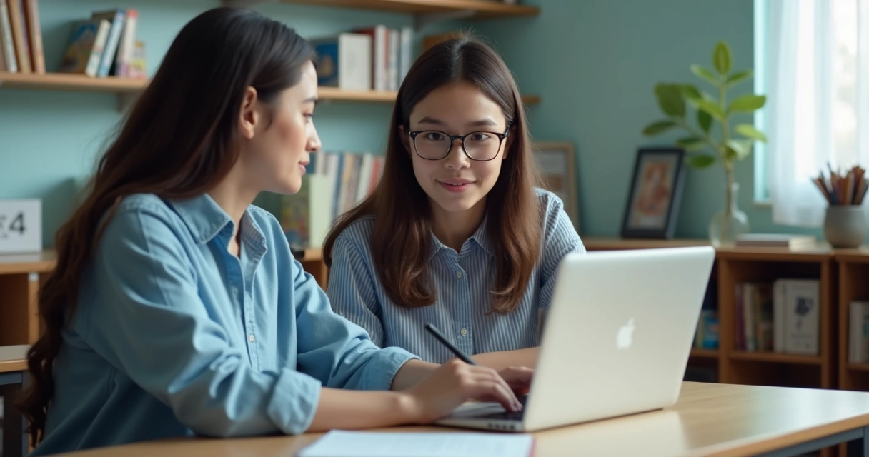 Professora orientando estudante diante de notebook 
