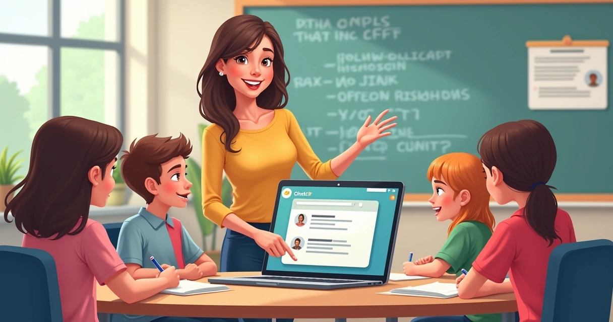 Professora conversando com alunos mostrando tela de ChatGPT 