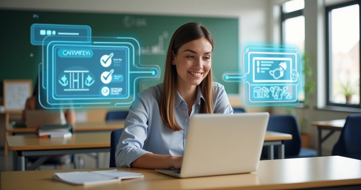 Professora conectando conta Stripe em notebook na escola