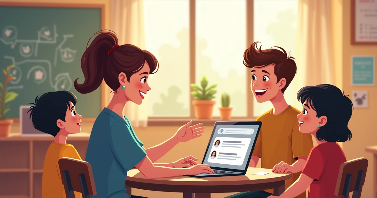 Professora conversando com alunos ao lado de computador 