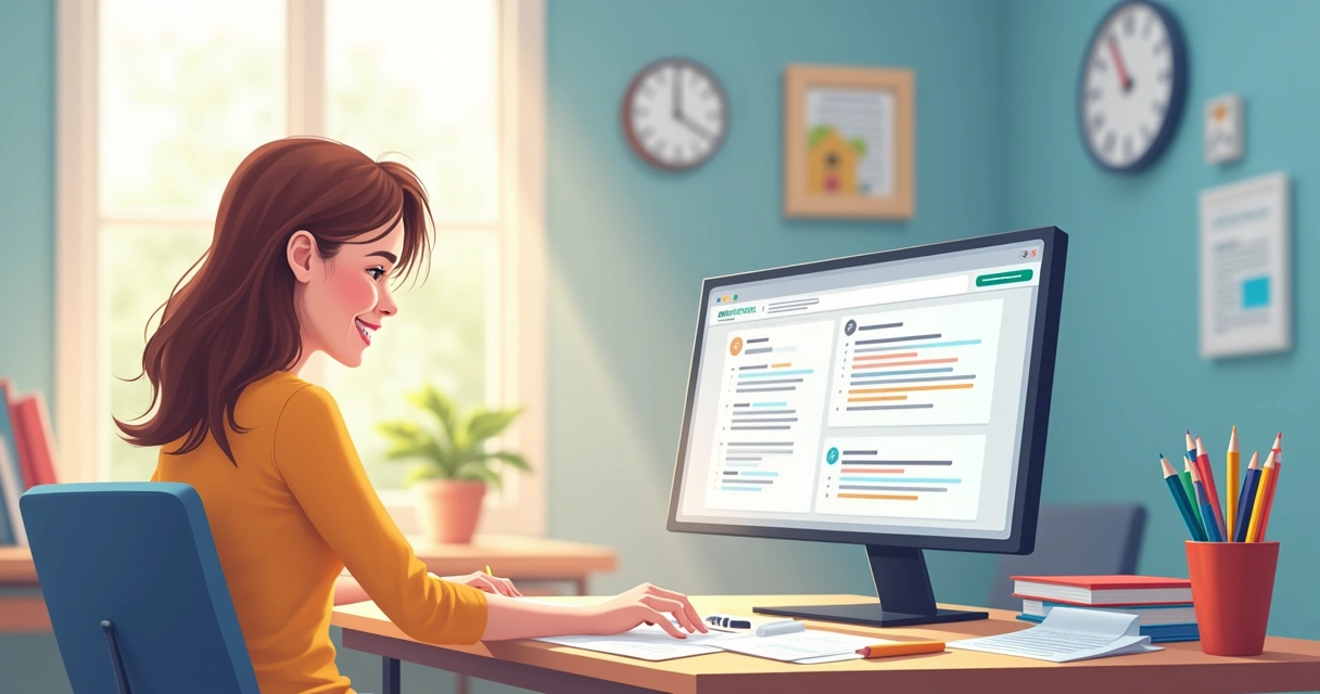 Professora corrigindo atividades pelo computador 