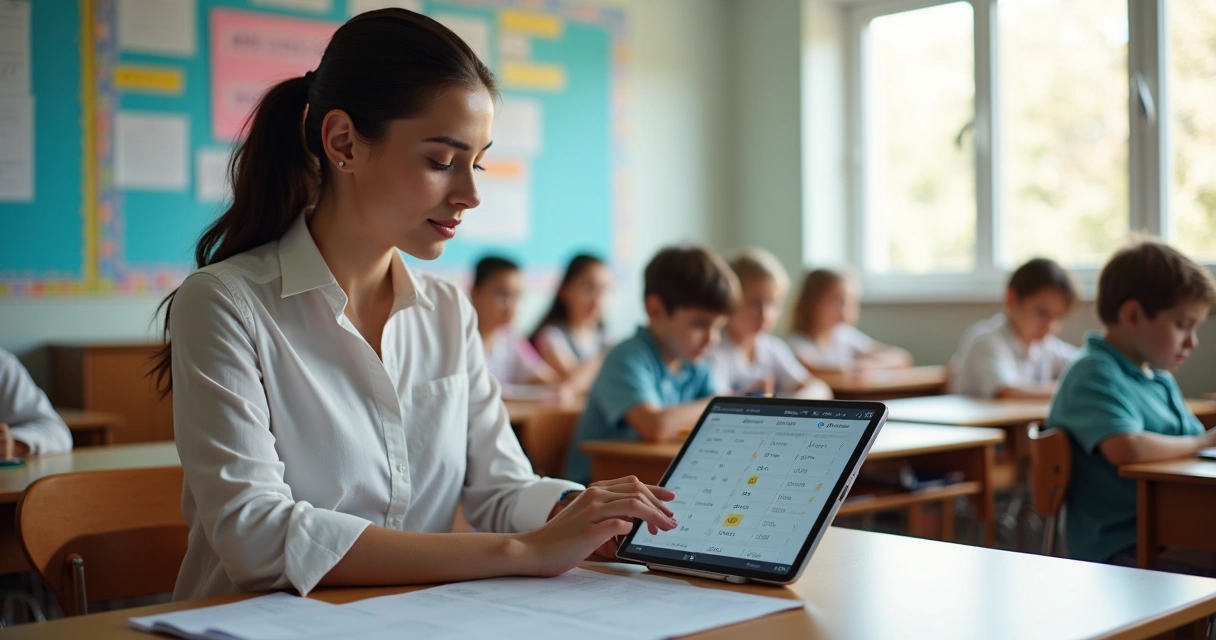 Professora corrige provas em tablet em sala de aula