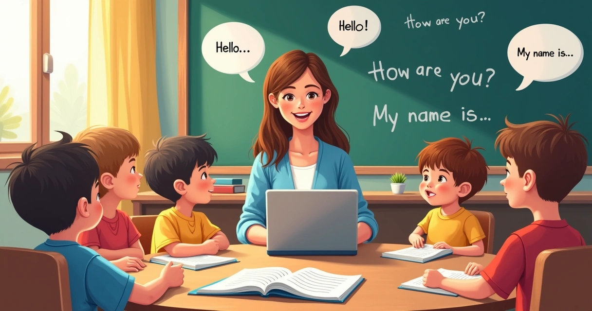 Professora usando notebook em sala de aula com crianças conversando em inglês 