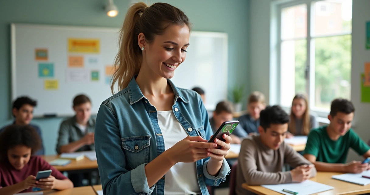 Professora usando celular para enviar mensagens no WhatsApp, com alunos atentos em fundo de sala de aula moderna iluminada 