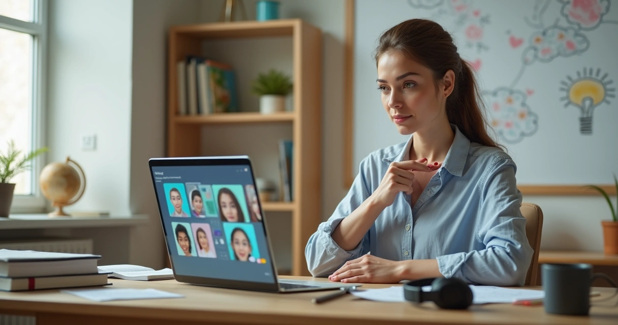 Professora em ensino remoto organizando aula online com expressão serena em ambiente de home office 