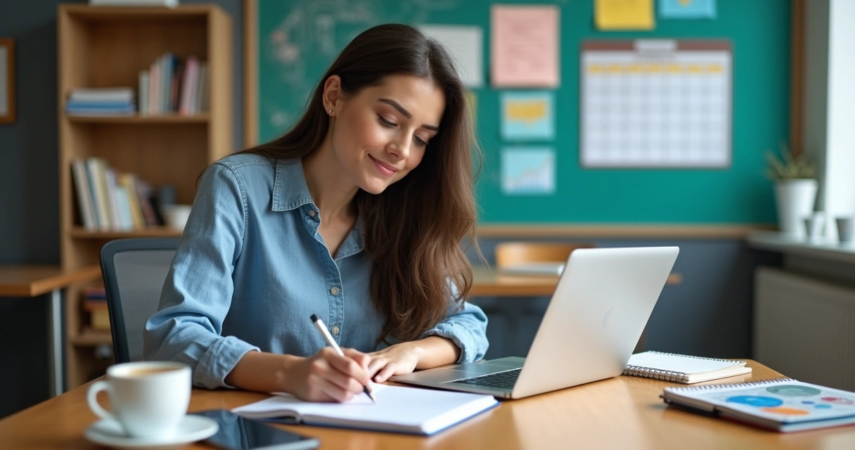 Professora organizando planejamento com computador e caderno 
