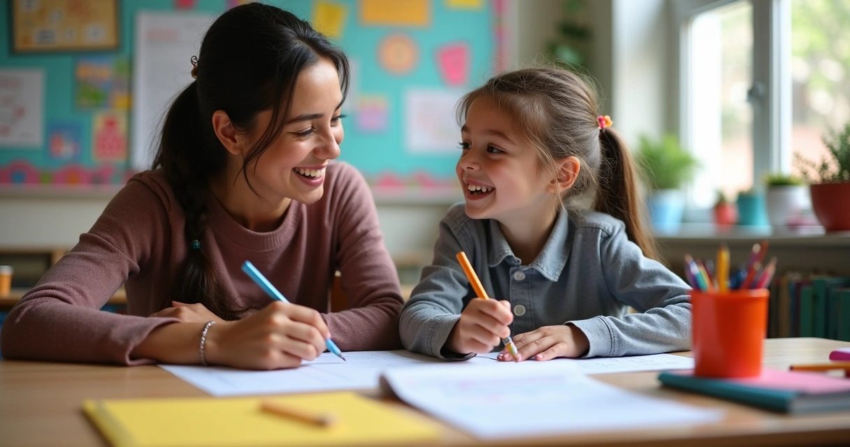 Professora conversando com aluno sobre trabalho escolar em mesa