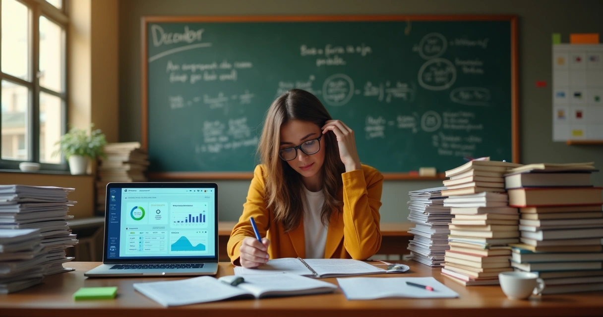 Professora cansada organizando provas no fim do ano letivo 