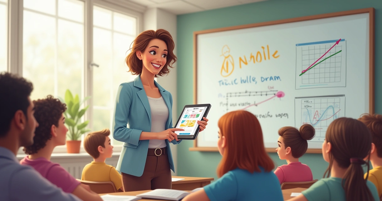 Professora usando tablet em sala de aula com alunos atentos 