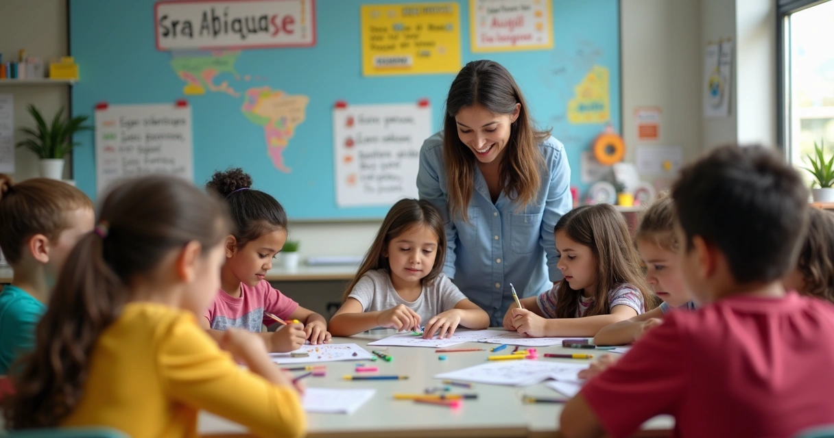 Professora orientando alunos em atividade bilíngue